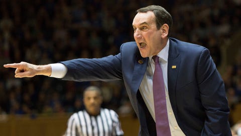Duke head coach Mike Krzyzewski shouts to his team during the first half of an NCAA college basketball game against Georgia Tech in Durham N.C. Wednesday Jan. 4 2017