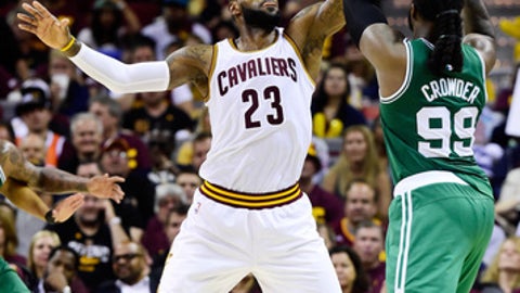 CLEVELAND OH- MAY 21 Le Bron James #23 of the Cleveland Cavaliers defends against Jae Crowder #99 of the Boston Celtics in the second half during Game Three of the 2017 NBA Eastern Conference Finals at Quicken Loans Arena