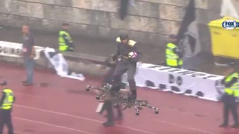 Portuguese Cup final ball delivered by man flying on spider-like drone