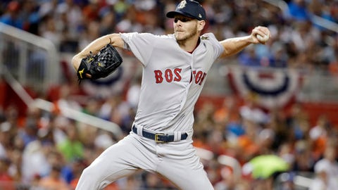 American League's Boston Red Sox pitcher Chris Sale, throws a pitch during the first inning at the MLB baseball All Star Game Tuesday
