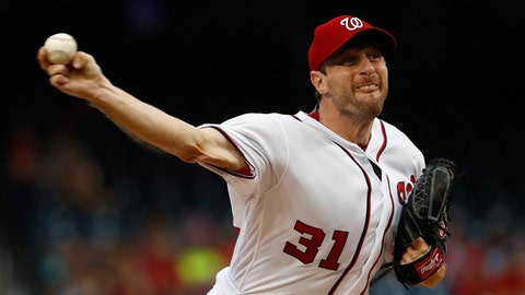 Washington Nationals starting pitcher Max Scherzer throws during the first inning of a baseball game against the Miami Marlins Monday Aug. 7 2017 in Washington
