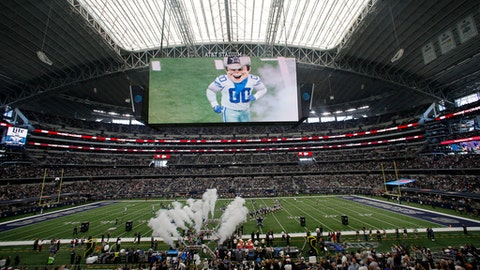 The Dallas Cowboys mascot Rowdy is seen on the large video screen during team introductions before an NFL football game against the Los Angeles Rams at AT&T Stadium Sunday Oct. 1 2017 in Arlington Texas