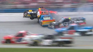 Cody Coughlin nearly flips into the catchfence at Talladega