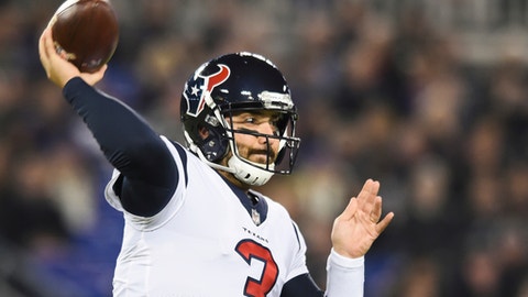 Houston Texans quarterback Tom Savage (3) passes the ball during the first half of an NFL football game against the Baltimore Ravens in Baltimore, Monday, Nov. 27, 2017. (AP Photo/Gail Burton)