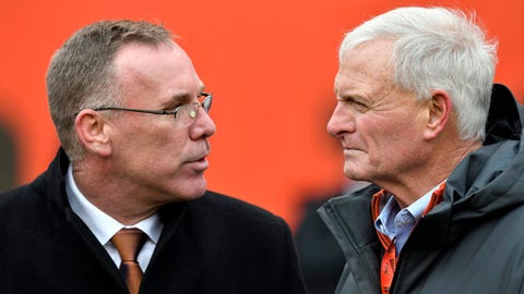 Cleveland Browns general manager John Dorsey talks with owner Jimmy Haslam before an NFL football game between the Green Bay Packers and the Cleveland Browns Sunday Dec. 10 2017 in Cleveland