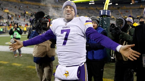 FILE - In this Saturday, Dec. 23, 2017, file photo, Minnesota Vikings' Case Keenum celebrates after an NFL football game against the Green Bay Packers in Green Bay, Wis. The Vikings are back in the playoffs after a year's hiatus with hopes of becoming the first team to ever play a Super Bowl in its home stadium. (AP Photo/Mike Roemer, File)