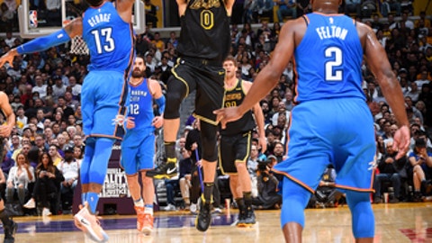LOS ANGELES CA- FEBRUARY 8 Kyle Kuzma #0 of the Los Angeles Lakers shoots the ball during the game against the Oklahoma City Thunder