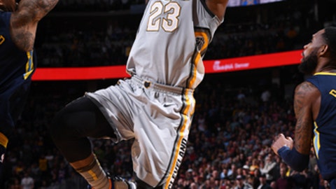 DENVER CO- MARCH 7 Le Bron James #23 of the Cleveland Cavaliers shoots the ball during the game against the Denver Nuggets