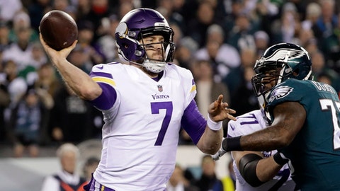 Minnesota Vikings quarterback Case Keenum throws during the first half of the NFL football NFC championship game against the Philadelphia Eagles in Philadelphia. Keenum plans to sign with Denver when free