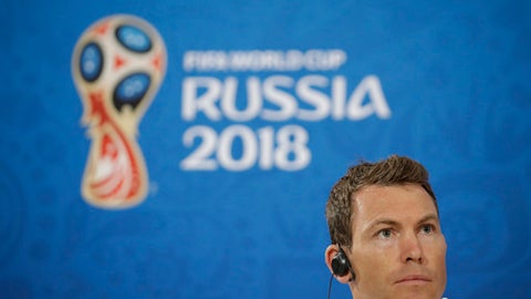 Switzerland's Stephan Lichtsteiner listen to questions during a press conference before Switzerland official training on the eve of the group E match between Brazil and Switzerland at the 2018 soccer World Cup in the Rostov Arena in Rostov-on-Don Ru