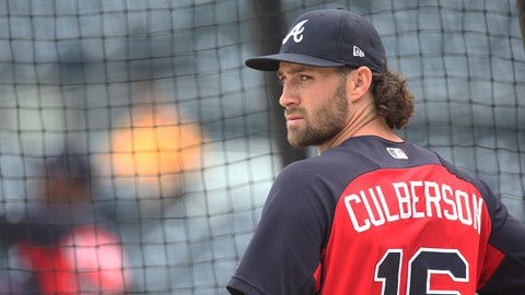 Aug 22, 2018; Pittsburgh, PA, USA;  Atlanta Braves shortstop Charlie Culberson (16) looks on during batting practice before playing the Pittsburgh Pirates at PNC Park. The Braves defeated the Pirates 2-1. Mandatory Credit: Charles LeClaire-USA TODAY Sports