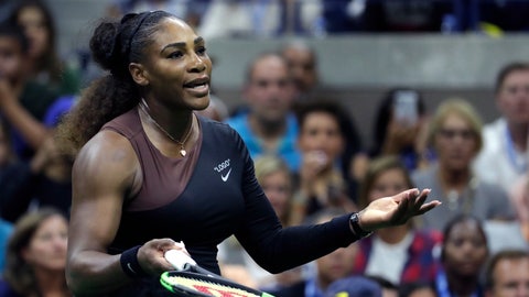 Serena Williams looks at her box during the women's final of the U.S. Open tennis tournament against Naomi Osaka of Japan Saturday Sept. 8 2018 in New York