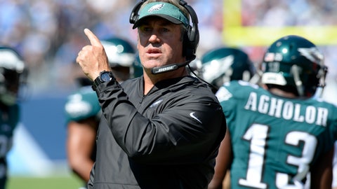 Philadelphia Eagles head coach Doug Pederson watches from the sideline in the first half of an NFL football game against the Tennessee Titans in Nashville Tenn. The Eagles head into Thursda