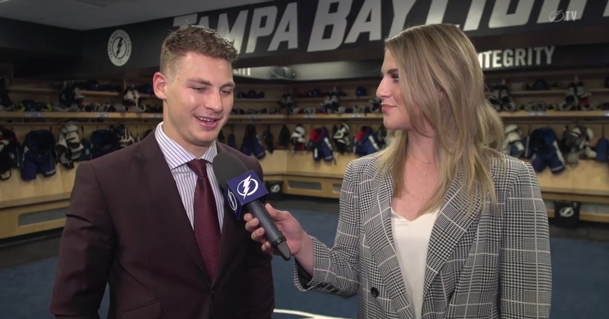 Lightning forward Yanni Gourde chats with Caley Chelios 