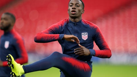 United States national soccer team player Timothy Weah exercises during a training session at Wembley Stadium in London. Tim Weah a striker for the U.S. national team and the son of forme