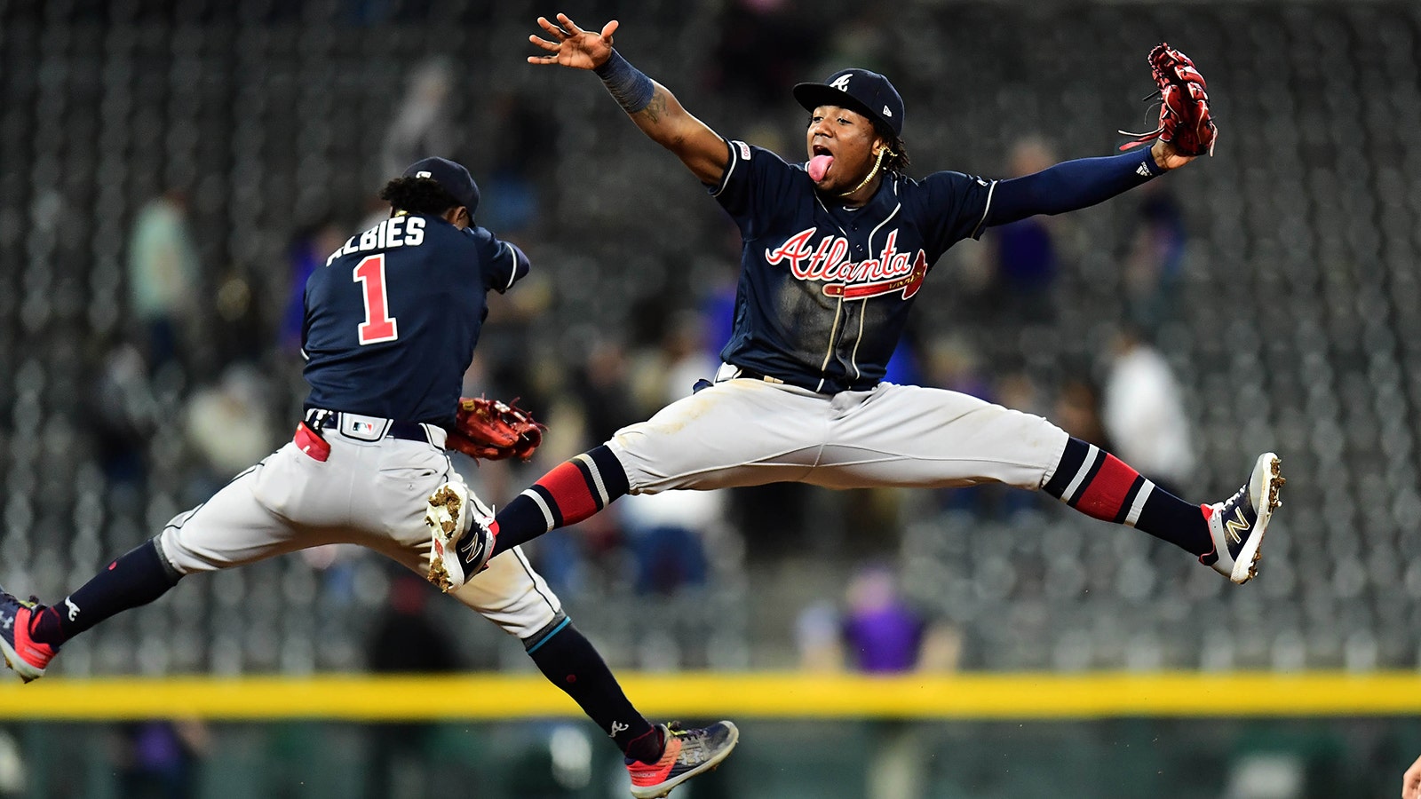 WASHINGTON, DC - SEPTEMBER 13: Atlanta Braves relief pitcher Jerry Blevins  (50) is congratulated by catcher Tyler Flowers (25) following the game  against the Washington Nationals on September 13, 2019, at Nationals