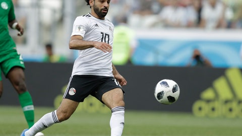 Egypt's Mohamed Salah chases the ball during the group A match between Saudi Arabia and Egypt at the 2018 soccer World Cup at the Volgograd Arena in Volgograd Russia. Salah's status as