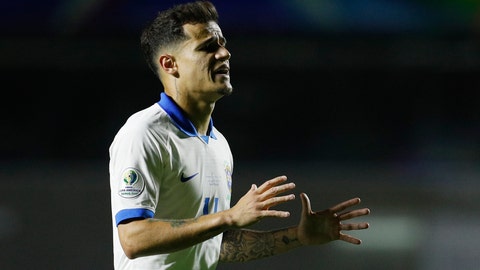 Brazil's Phlippe Coutinho celebrates scoring his side's second goal against Bolivia during a Copa America Group A soccer match at the Morumbi stadium in Sao Paulo Brazil Friday