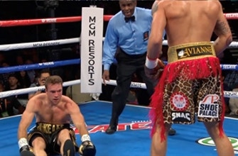 Caleb Plant knocks Mike Lee down in the first round