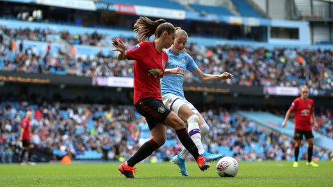 Manchester City's Janine Beckie right and Manchester United's Abbie Mc Manus battle for the ball during the Women's Super League soccer match at the Etihad Stadium Manchester England Saturday Sept. 7 2019. (Nigel French