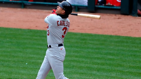 Apr 1, 2021; Cincinnati, Ohio, USA; St. Louis Cardinals left fielder Dylan Carlson (3) hits a three-run home run against the Cincinnati Reds during the first inning at Great American Ball Park. Mandatory Credit: David Kohl-USA TODAY Sports