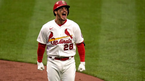 St. Louis Cardinals' Nolan Arenado celebrates after hitting a two-run home run during the eighth inning of a baseball game against the Milwaukee Brewers Thursday, April 8, 2021, in St. Louis. (AP Photo/Jeff Roberson)