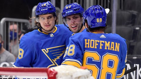 Jan 23, 2021; St. Louis, Missouri, USA;  St. Louis Blues left wing David Perron (57) is congratulated by center Robert Thomas (18) and left wing Mike Hoffman (68) after scoring against the Los Angeles Kings during the second period at Enterprise Center. Mandatory Credit: Jeff Curry-USA TODAY Sports