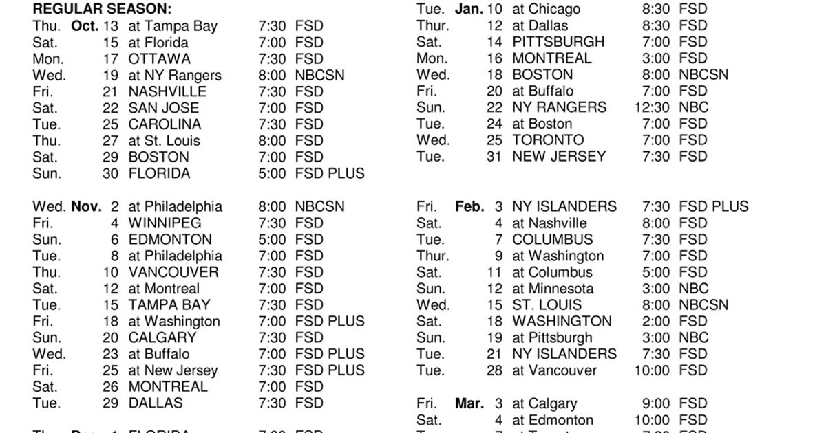 Detroit Red Wings Schedule Printable