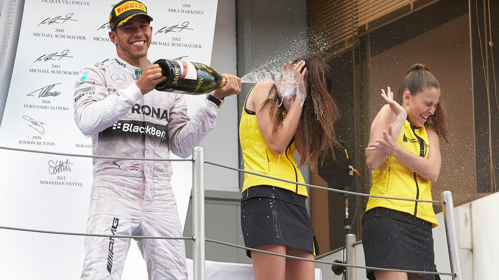 In Hamilton S Defense Photos Of Podium Girls Getting Sprayed With Champagne Fox Sports